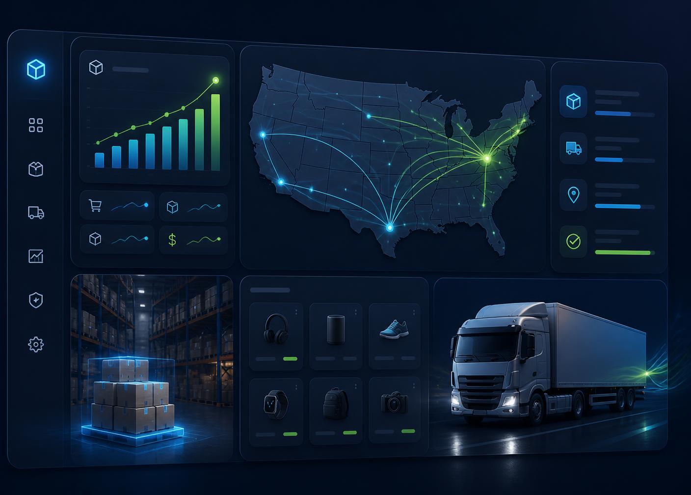 SmartGraphix BD warehouse dashboard showing US shipping routes, live order analytics, and same-day fulfillment